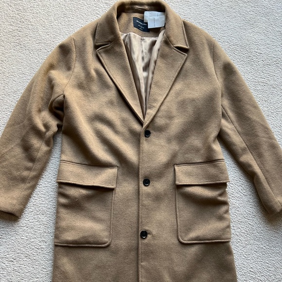 Abercrombie & Fitch Men Wool Blend Topcoat Top Mac Coat Jacket Tan Camel Beige L - Picture 2 of 14